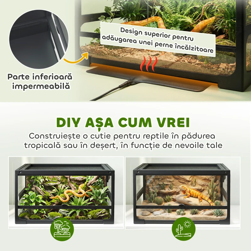 PawHut Terariu pentru Reptile Ridicat și Pliabil 60x45x32 cm cu Încuietoare, Ușă pentru Alimentare, Ventilație și Vizualizare la 360°, Terariu cu Plasă Metalică pentru Șopârle, Păianjeni, Șerpi, Negru