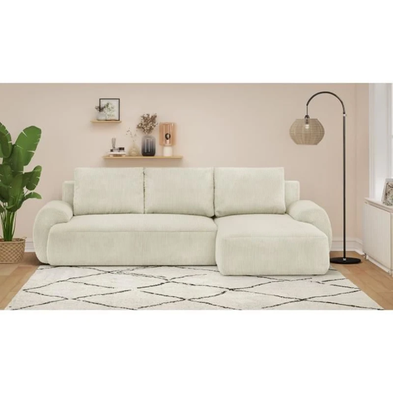Canapé d'angle droit convertible 4/5 places MILO - Velours côtelés beige - Coffre de rangement - L 264 x H 84 x P 99/145 cm