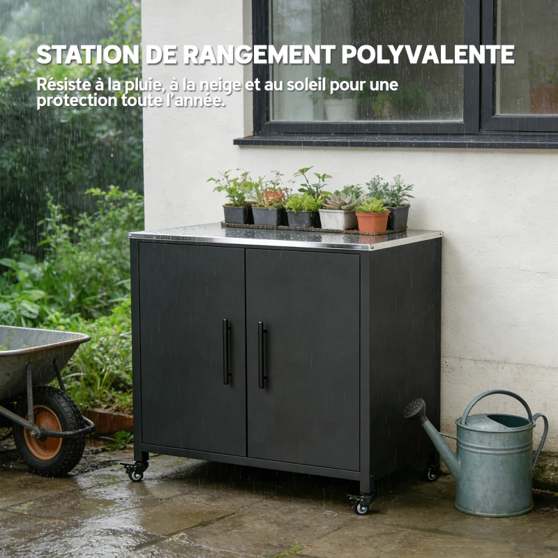 Outsunny Armoire de jardin en Métal, Armoire de Rangement Extérieur, Toit en Acier Inoxydable et Roulettes, Noir
