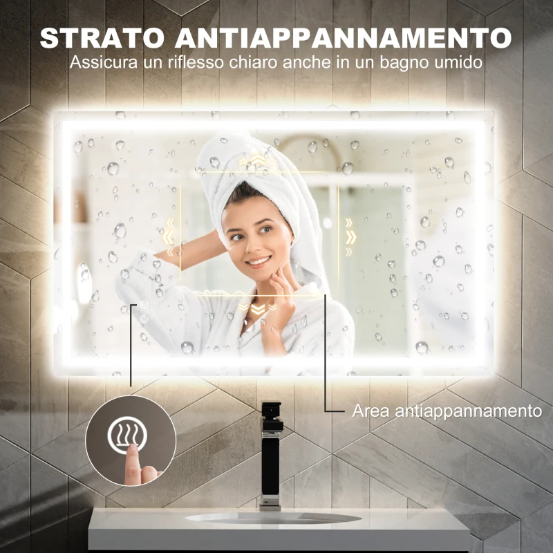 HOMCOM Specchio per Bagno con Luci LED Regolabili a 3 Colori e Strato Antiurto, in Vetro e Metallo, 100x3x60 cm
