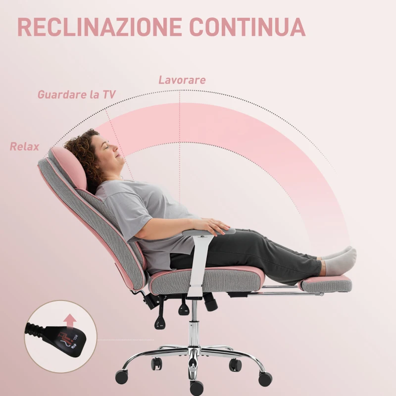 HOMCOM Sedia da Ufficio Ergonomica Rinforzata con Braccioli Regolabili, Poggiapiedi e Poggiatesta, Rosa