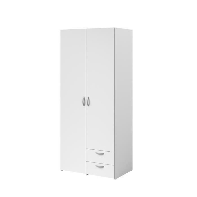 Armoire VARIA - Décor blanc - 2 portes battantes + 2 tiroirs  - L 81 cm x H 185 x P 51 cm - PARISOT