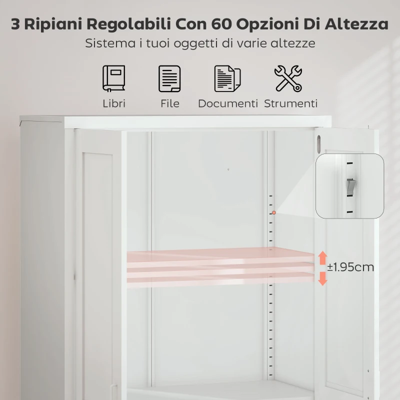 HOMCOM Armadio per Ufficio in Acciaio a 3 Ripiani Regolabili con Serratura e 2 Chiavi, 80x40x175 cm, Bianco