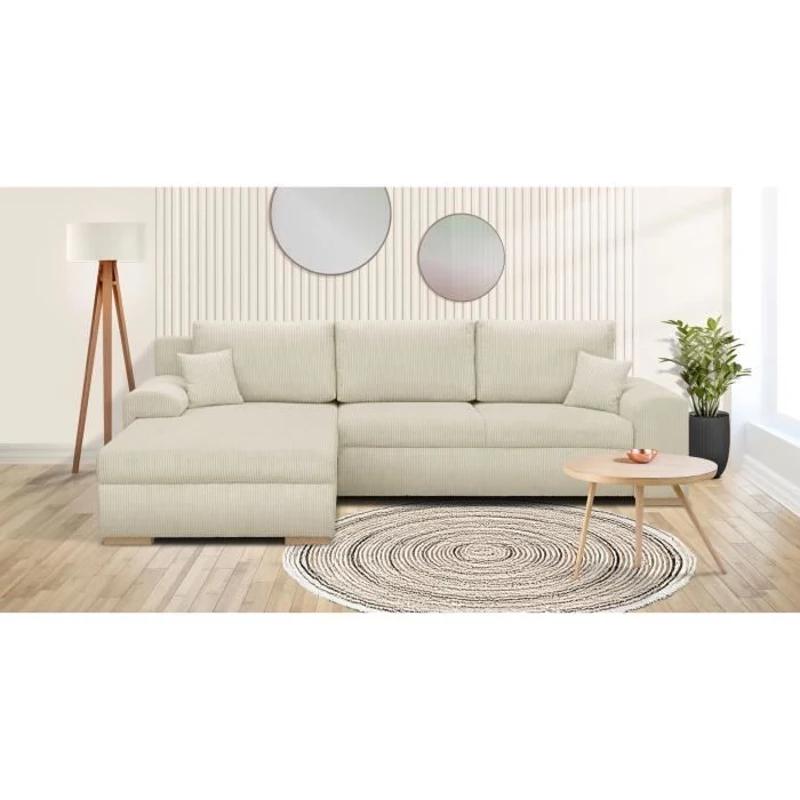 Canapé d'angle convertible - 5 places - INDIAN - Tissu velours côtelé Beige - Coffre de rangement - 289 x 94/188 x 88 cm