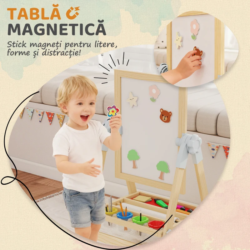 AIYAPLAY Șevalet pentru copii cu tablă dublă pentru cretă și markere, tablă magnetică și tăviță pentru accesorii, rolă de hârtie inclusă, lemn natur