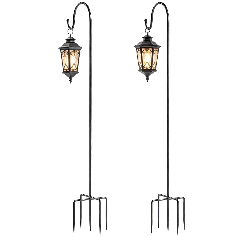 Outsunny Shepherd Hooks 160 cm, 2-Pack Shepherd Hooks with 5 Prongs Lantern Pole for Solar Lights Hanging Baskets Black