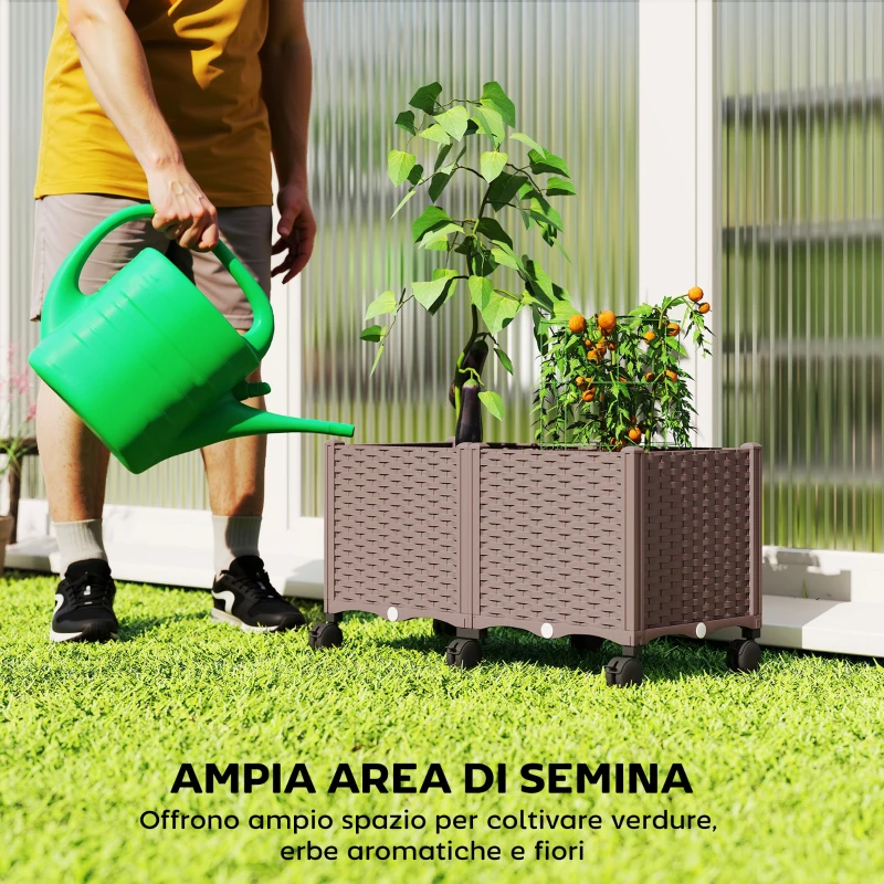 Outsunny Fioriera Rialzata in Plastica 85L, Letto per Orto Rialzato da Esterno con Ruote Bloccabili, Sistema di Autoirrigazione, Fori di Drenaggio per Piante Rampicanti, Verdure e Fiori, Marrone