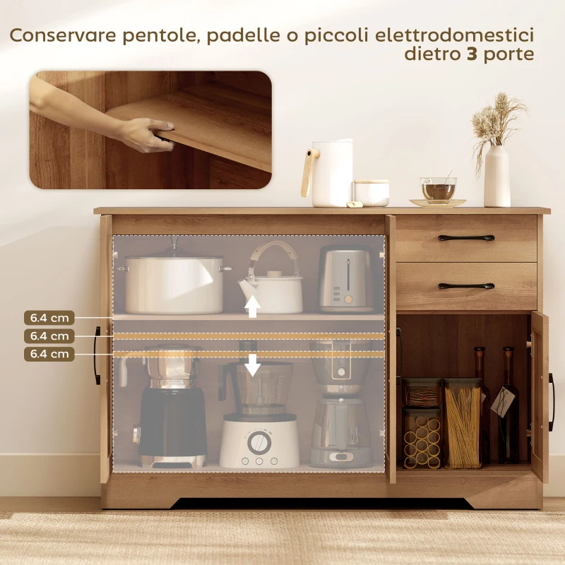 HOMCOM Mobile Cucina con 2 Cassetti e 3 Armadietti, Ripiani Regolabili, 120x38x79 cm, Rovere