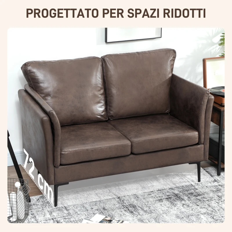 HOMCOM Divano 2 Posti in Pelle Traspirante con Imbottitura Spessa e Gambe in Metallo, 137x72x88 cm, Marrone Scuro