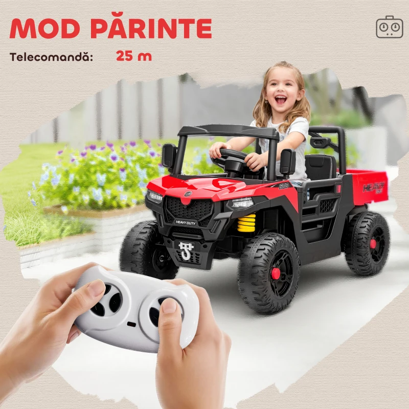 AIYAPLAY Mașină Electrică pentru Copii UTV 12V Off-road cu Portbagaj, 2 Motoare, Centură în 3 Puncte, Telecomandă, Suspensii, USB, Muzică, Lumini, 1.8-3.7 km/h, 3-8 Ani, Roșu