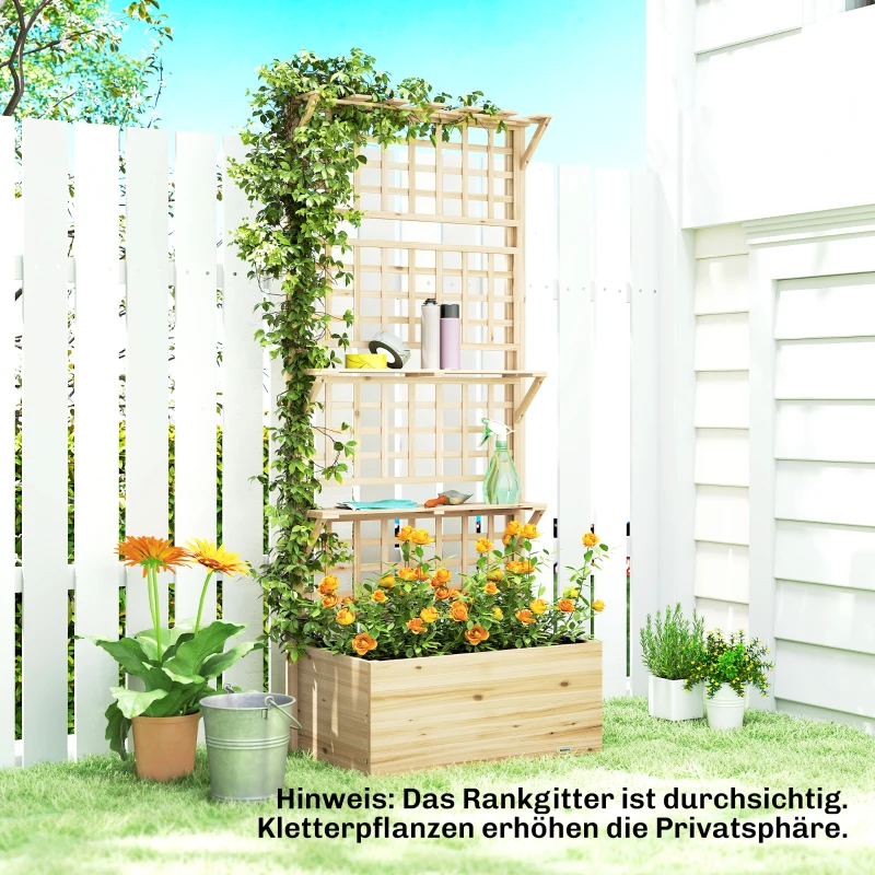 Outsunny Raised bed with Trellis & Hanging Roof, Wooden Planter with 2 Shelves, Drainage Holes, 76 x 43.5 x 177 cm
