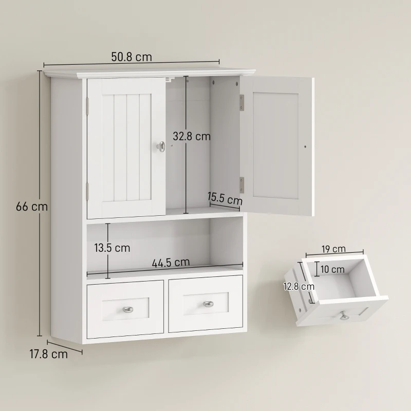 kleankin Armadietto Pensile Bagno a 2 Ante con Ripiano Aperto e 2 Cassetti in Legno, Bianco