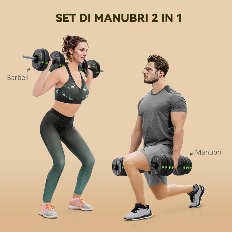 SPORTNOW Set 2 in 1 con 2 Manubri Convertibili in Bilanciere, Peso Totale 30 kg e Dischi Pesi Regolabili, Nero