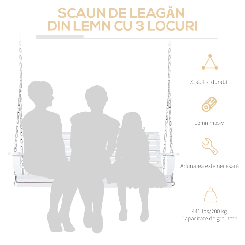Outsunny Leagăn Suspendat pentru Exterior din Lemn de Brad cu Măsuță Rabatabilă și Suporturi pentru Pahare, Leagăn pentru Grădină sau Terasă cu 2-3 Locuri, Alb