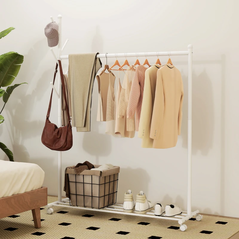 HOMCOM Burro para Ropa con Ruedas 5 Ganchos Barra para Colgar y Balda Inferior para Recibidor Entrada 120x43x171 cm Blanco