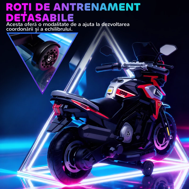 AIYAPLAY Motocicletă Electrică pentru Copii 18-36 Luni, 6V Motocicletă Electrică pentru Copii cu Roți Detașabile, Faruri, Muzică, 2.4 km/h Mini Motocicletă cu Far, Max 30kg, Roșu