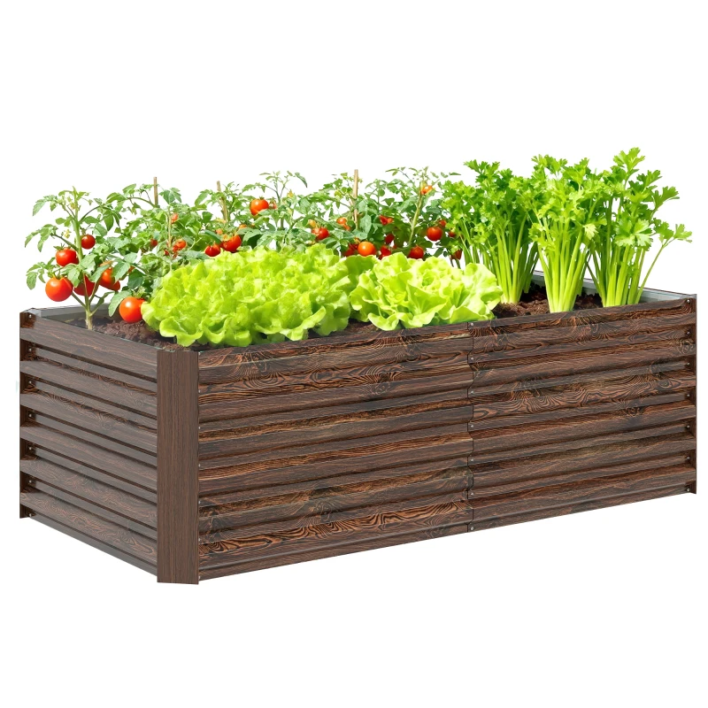 Outsunny Pat pentru Grădină Ridicat cu Fund Deschis și Bare de Suport, Ghiveci din Oțel Zincat pentru Flori și Legume, pentru Balcon sau Grădină, 180x90x57,5 cm, Maro Închis