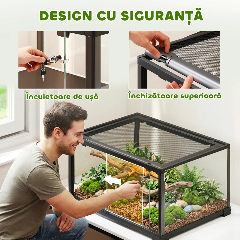 PawHut Terariu pentru Reptile Rialzato 60x45x32 cm cu Dublă Serratura, Ușă pentru Alimentare, Ventilație și Vizualizare a 360°, Rettilario cu Plasă Metalică pentru Șopârle, Păianjeni, Gecko, Șerpi, Negru