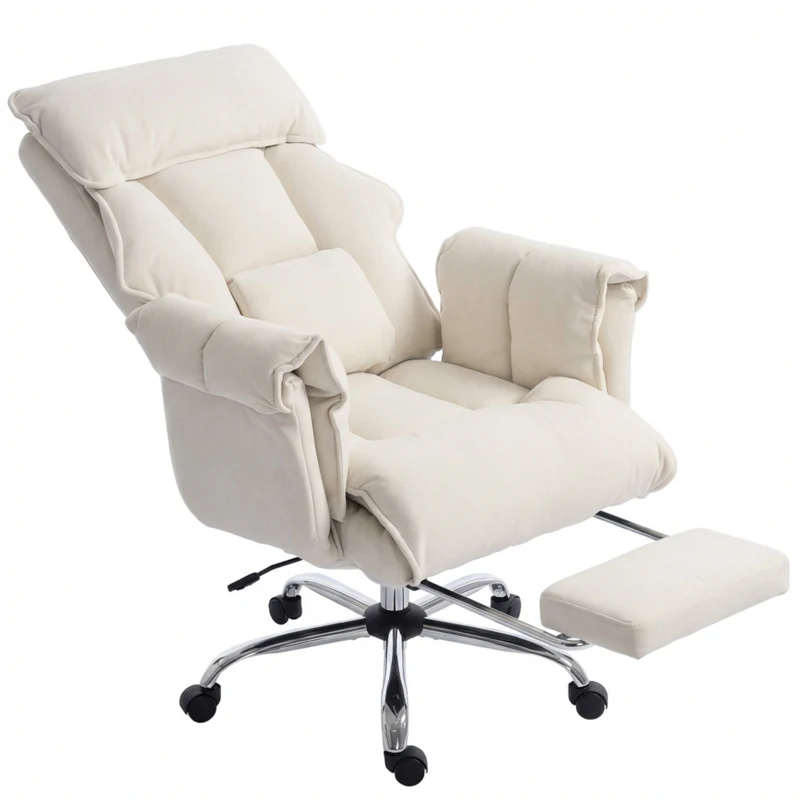 HOMCOM Fauteuil de bureau Fauteuil pivotant réglable en hauteur avec soutien lombaire, repose-pieds, flanelle neige, 80 x 80 x 106-114 cm blanc crème