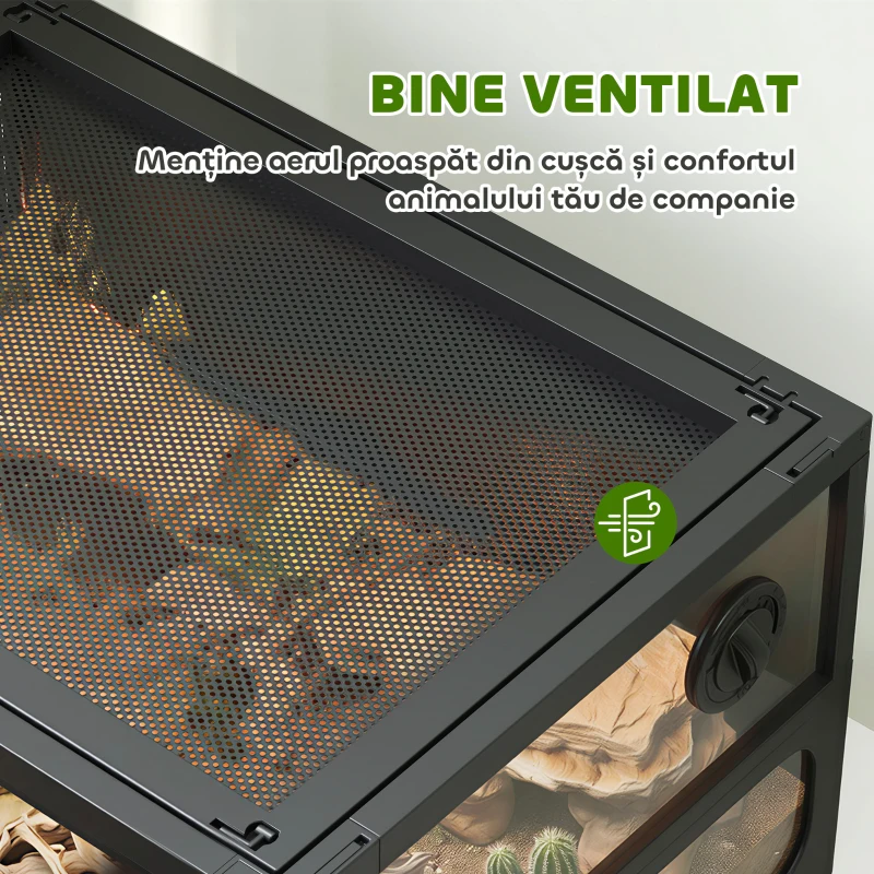 PawHut Terariu pentru Reptile Ridicat și Pliabil 60x45x32 cm cu Încuietoare, Ușă pentru Alimentare, Ventilație și Vizualizare la 360°, Terariu cu Plasă Metalică pentru Șopârle, Păianjeni, Șerpi, Negru