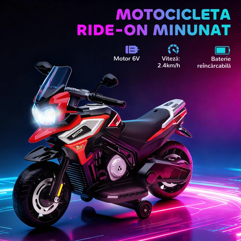 AIYAPLAY Motocicletă Electrică pentru Copii 18-36 Luni, 6V Motocicletă Electrică pentru Copii cu Roți Detașabile, Faruri, Muzică, 2.4 km/h Mini Motocicletă cu Far, Max 30kg, Roșu