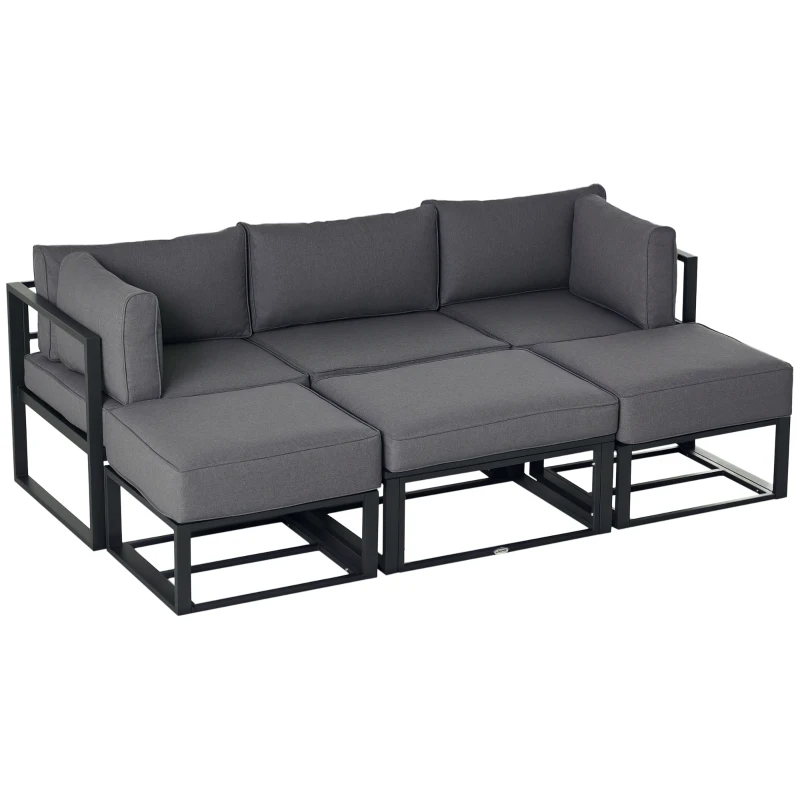 Outsunny Garden Daybed, 6 Piece Outdoor Sectional Sofa Set, Aluminum Patio Conversation Furniture Set with Coffee Table, Footstool and Cushions, Grey