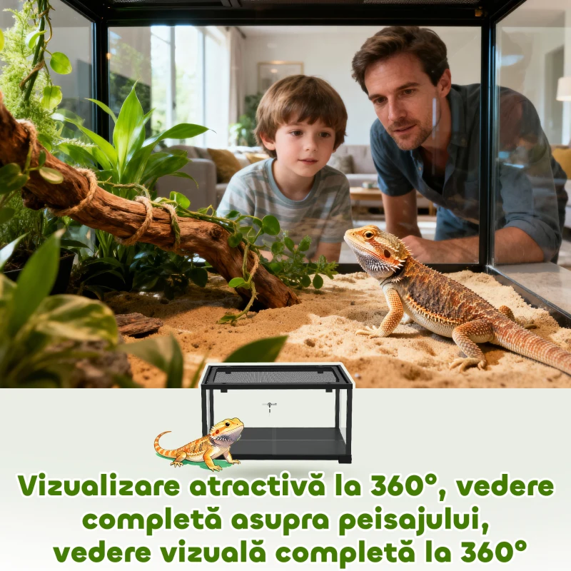 PawHut Terariu pentru Reptile Rialzato 60x45x32 cm cu Dublă Serratura, Ușă pentru Alimentare, Ventilație și Vizualizare a 360°, Rettilario cu Plasă Metalică pentru Șopârle, Păianjeni, Gecko, Șerpi, Negru