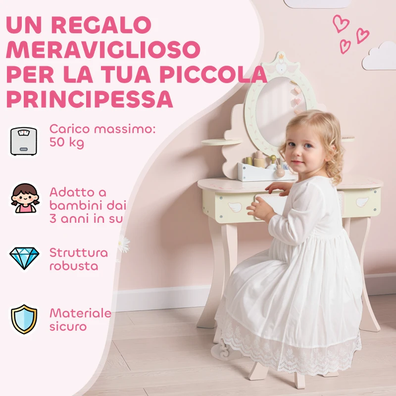AIYAPLAY Set Toeletta con Specchio e Sgabello in Legno 2 in 1 per Bambini con 7 Accessori Inclusi, Rosa