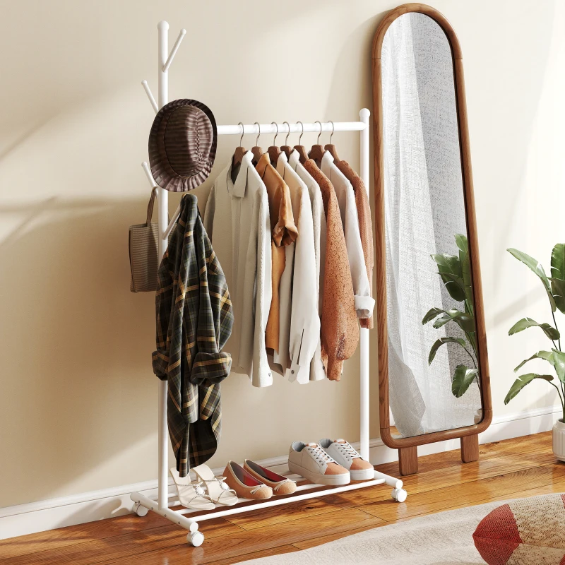 HOMCOM Burro para Ropa con Ruedas 5 Ganchos Barra para Colgar y Balda Inferior para Recibidor Entrada 86x43x171 cm Blanco