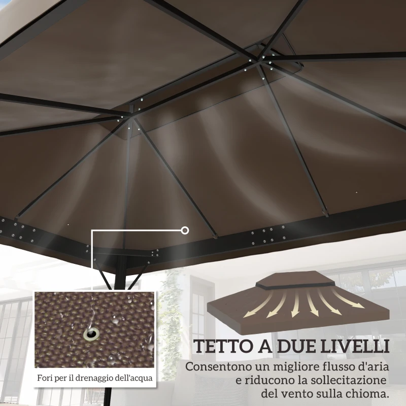 Outsunny Copertura per Gazebo da Giardino 3x4 m a 2 Livelli in Tessuto Oxford 600D con Fori di Drenaggio, Caffè