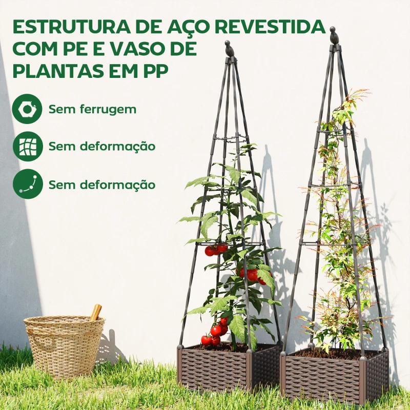 Outsunny Floreira com Treliça Metálica para Plantas Trepadeiras Vaso de PP com Orifícios de Drenagem e Tampões 40x40x175 cm Preto