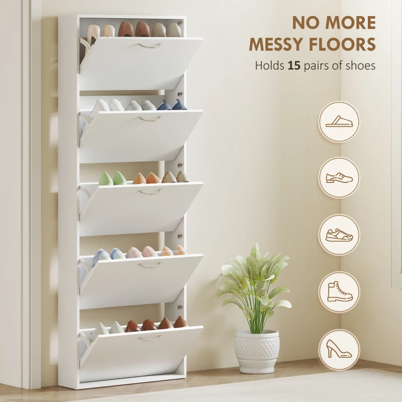 HOMCOM Dulap pentru Pantofi Subțire cu 5 Uși 65x17x180,5 cm în Lemn Alb