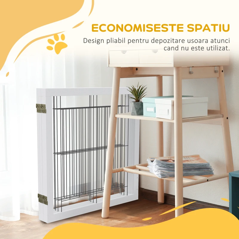PawHut Poartă Pliabilă pentru Câini, Poartă de Siguranță pentru Animale și Căţei cu 4 Panouri și Picioare Triunghiulare, 280x70 cm, Alb