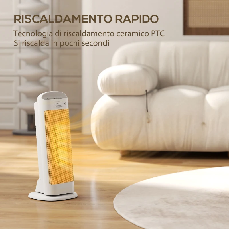 HOMCOM Stufa Elettrica Ceramica 2000W, 4 Modalità e Riscaldamento Regolabile, Oscillazione a 55°, Bianco