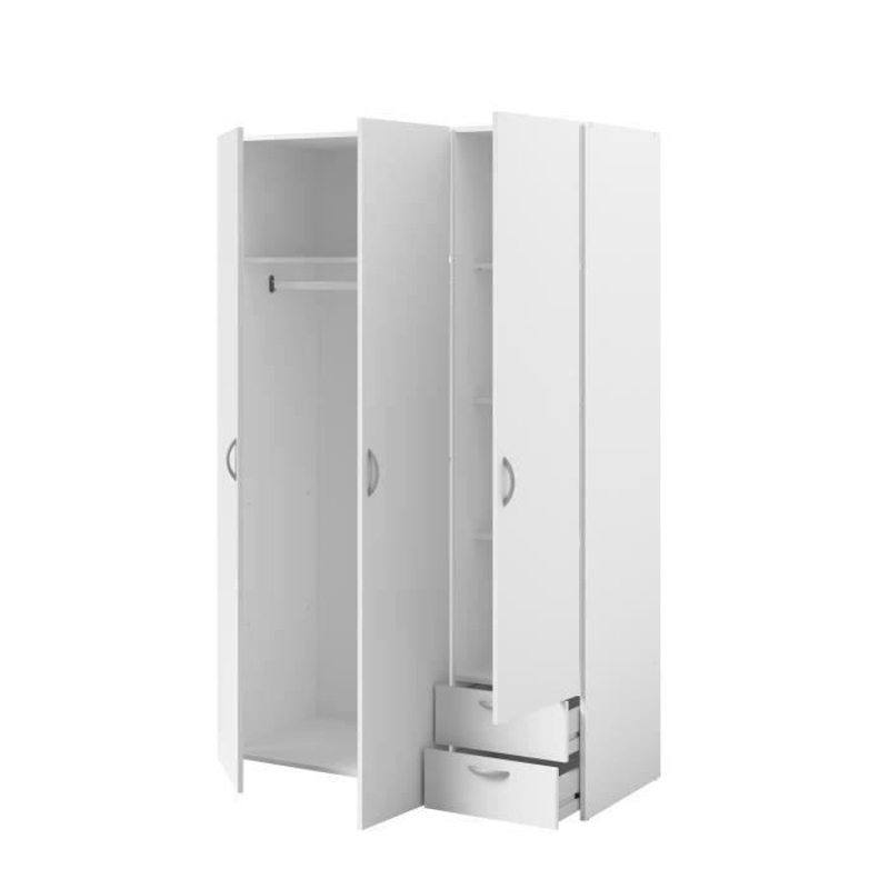 Armoire VARIA - Décor blanc - 3 portes + 2 tiroirs - L 120 x H 185 x P 51 cm - PARISOT