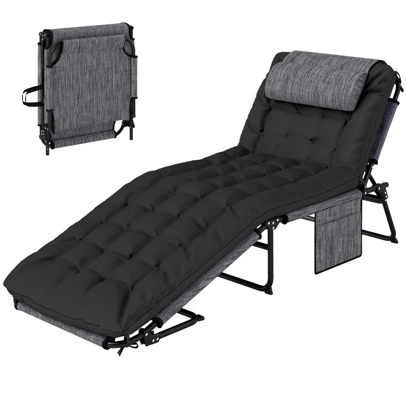 Outsunny Tumbona Plegable de Jardín con Almohada y Respaldo Ajustable 4 Posiciones, Negro