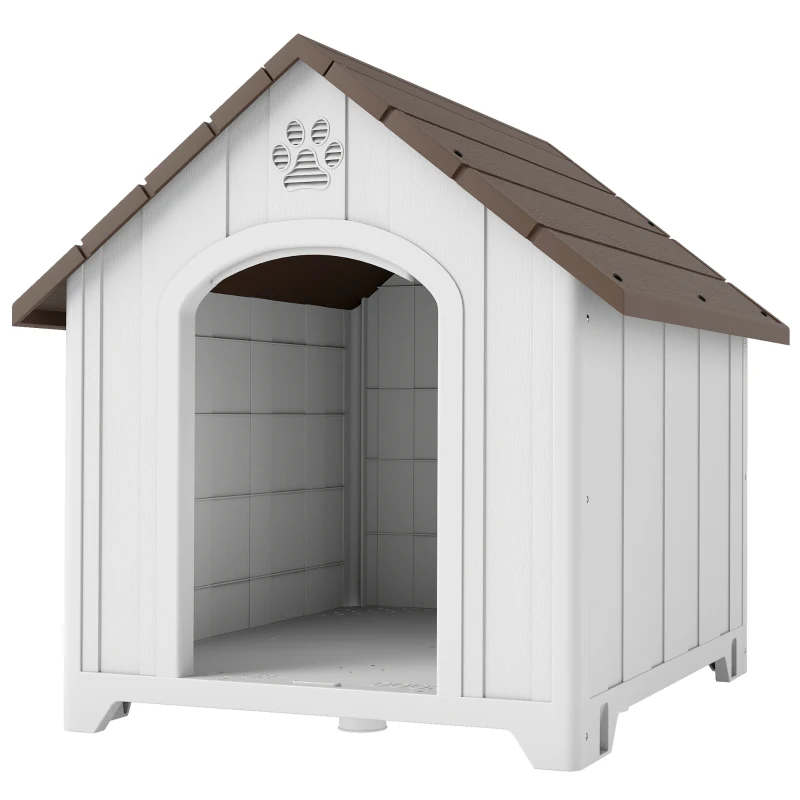 PawHut Caseta para Perros Exterior Casa para Perros Extragrandes de Plástico con 2 Ventanas Base Elevada Estacas Marrón Oscuro