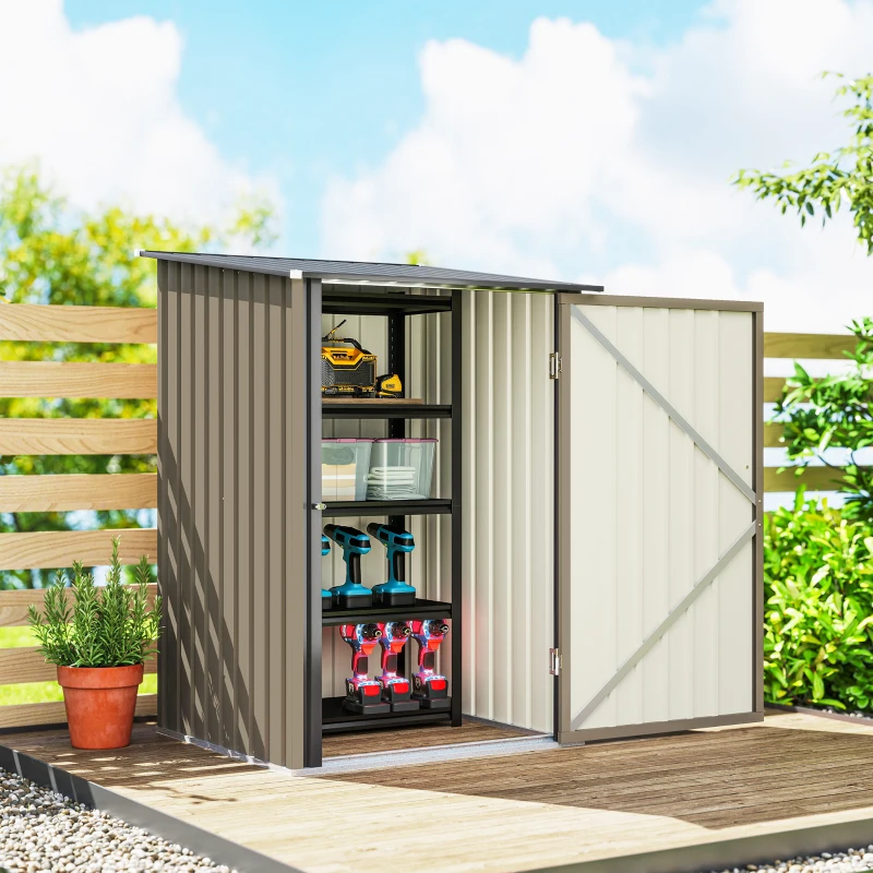 Outsunny Căsuță de Grădină 0.92m² din Oțel Galvanizat, Căsuță pentru Unelte cu Ușă Blocabilă și Acoperiș Înclinat, 100x104x160 cm, Maro și Gri Închis