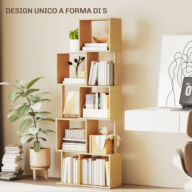 HOMCOM Libreria Moderna Asimmetrica a 5 Livelli in Bambù, 62.5 x 23 x 165 cm, Colore Legno Naturale
