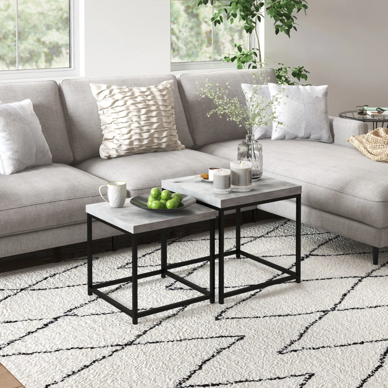 HOMCOM Coffee Table Set of 2, Nest of Tables with 3.5cm Thick Tabletop, Grey