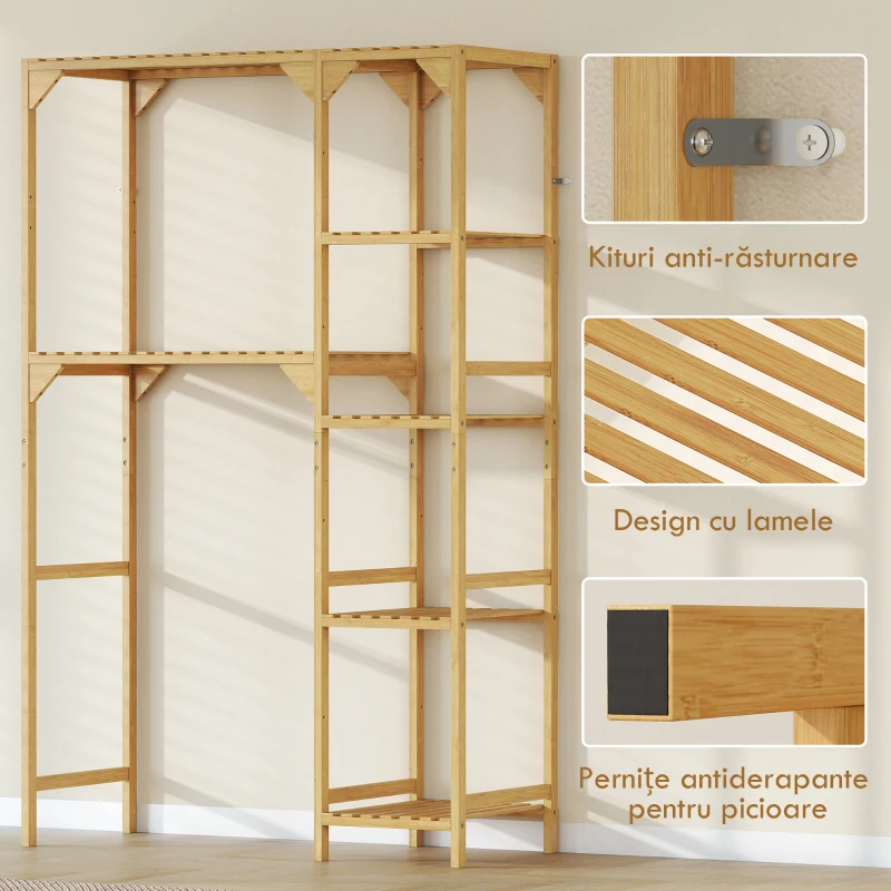 HOMCOM Mobilier deasupra mașinii de spălat din bambus cu 7 rafturi reversibile, spațiu economisitor, pentru depozitare și organizare, pentru baie și spălătorie, 100x40x157 cm, culoare lemn