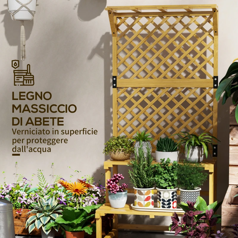 Outsunny Fioriera con Grigliato per Rampicanti, 2 Ripiani e Barra Superiore, in Legno di Abete, 75x50x166 cm, Giallo