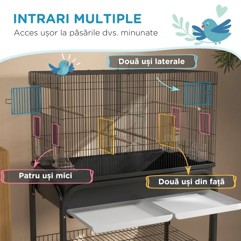 PawHut Colivie pentru Păsări de Interior cu Tăviță, Raft și Roți, Volieră din Oțel pentru Perusi, Canari, Nimfe și Papagali, Negru, 85 x 49 x 119 cm