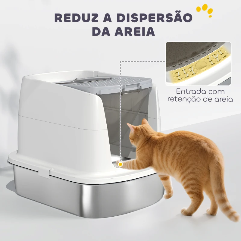 PawHut Caixa de Areia para Gatos em Aço Inoxidável L com Tampa Rebatível Pá Metálica Saco Desodorizante Fácil de Limpar Branco