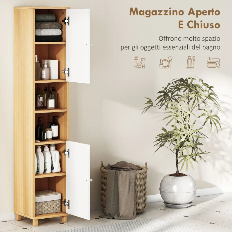 HOMCOM Colonna Bagno con 2 Armadietti e Ripiani Aperti, Mensole Interne Regolabili, 30x30x166 cm, Bianco e Legno