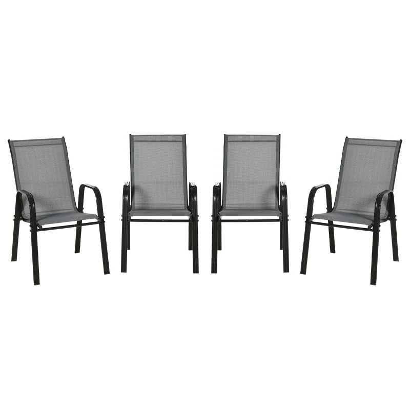 Outsunny 4-Piece Garden Chairs Set - Stackable Outdoor Chairs with High Backrest and Armrests, Breathable Mesh Fabric Dining Chair Set of 4, Dark Grey