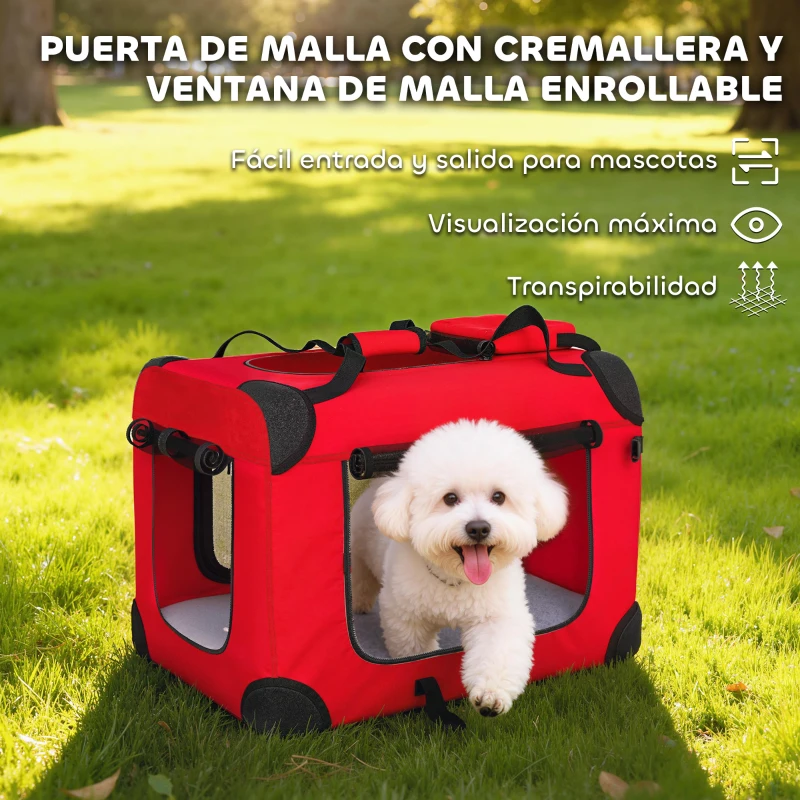 PawHut Transportín para Perros Plegable 60x41,5x41 cm con Ventanas de Malla Cojín Suave y 2 Asas para Mini Perros y Gatos Rojo