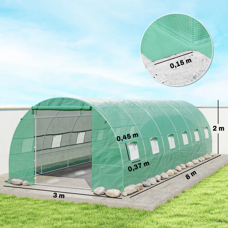 Outsunny Gewächshaus 800x300x200cm Foliengewächshaus Tomatenhaus mit Tür, 12 Fenster, Folientunnel aus verzinktem Stahl, PE, stabiles Treibhaus Pflanztunnel, inkl. Erdanker & Seilen, Grün