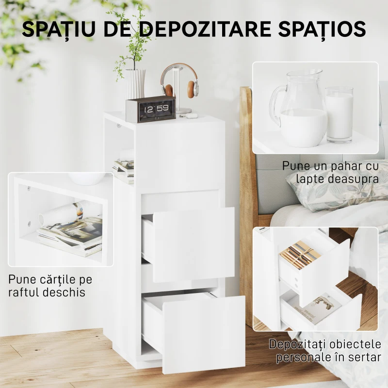 HOMCOM Set de 2 Noptiere Înalte și Subțiri pentru Dormitor cu 2 Sertare și Raft Deschis, Noptiere Moderne Economisitoare de Spațiu, Măsuțe pentru Divan, Sufragerie și Dormitor, 25x30x65 cm, Alb