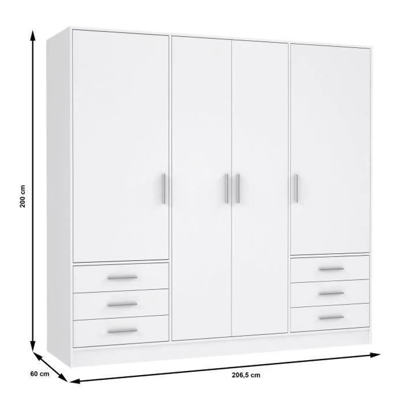 Armoire 4 portes battantes + 6 tiroirs - Bois aggloméré - Blanc mat - L 206,5 x P 60 x H 200 cm - JUPITER
